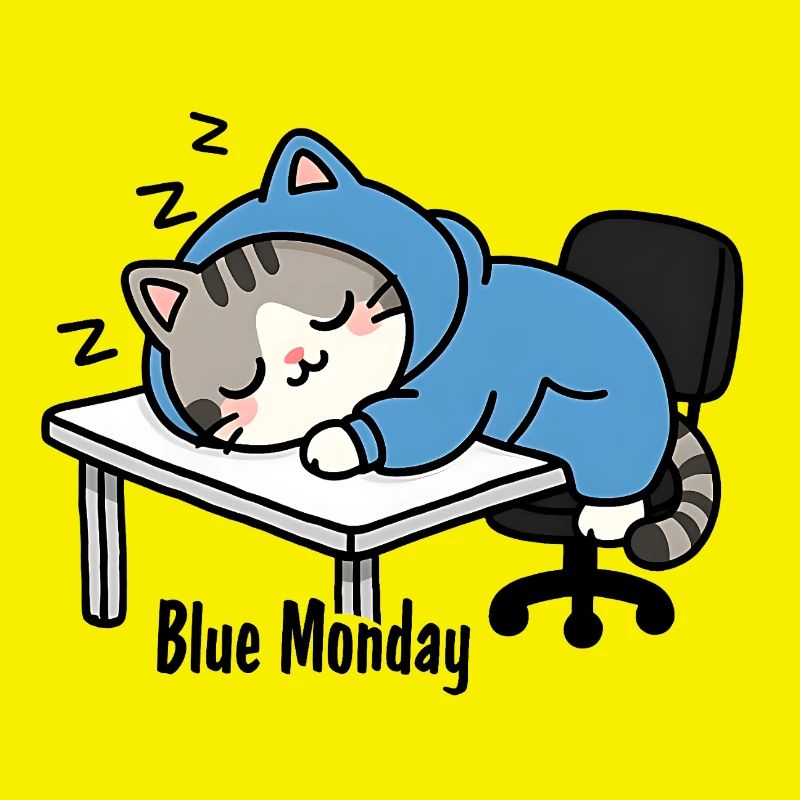 Sleeping cat at work, blue monday