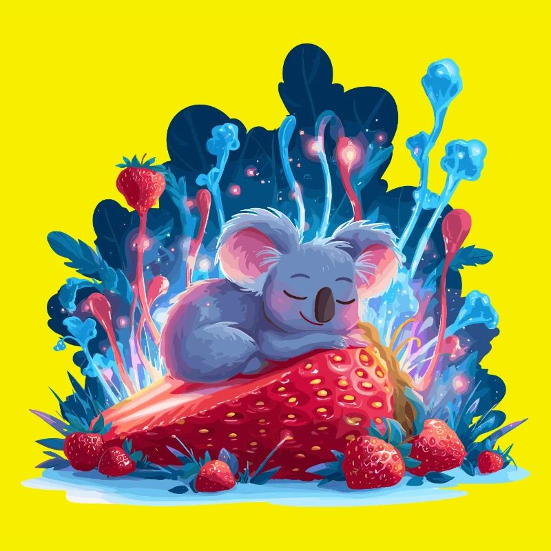 Schlafender Koala auf Erdbeere Neonwald