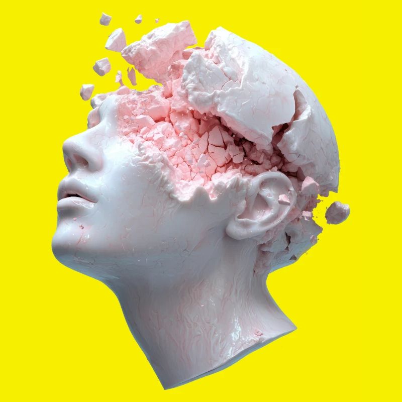 Decaying head, inner thoughts as debris