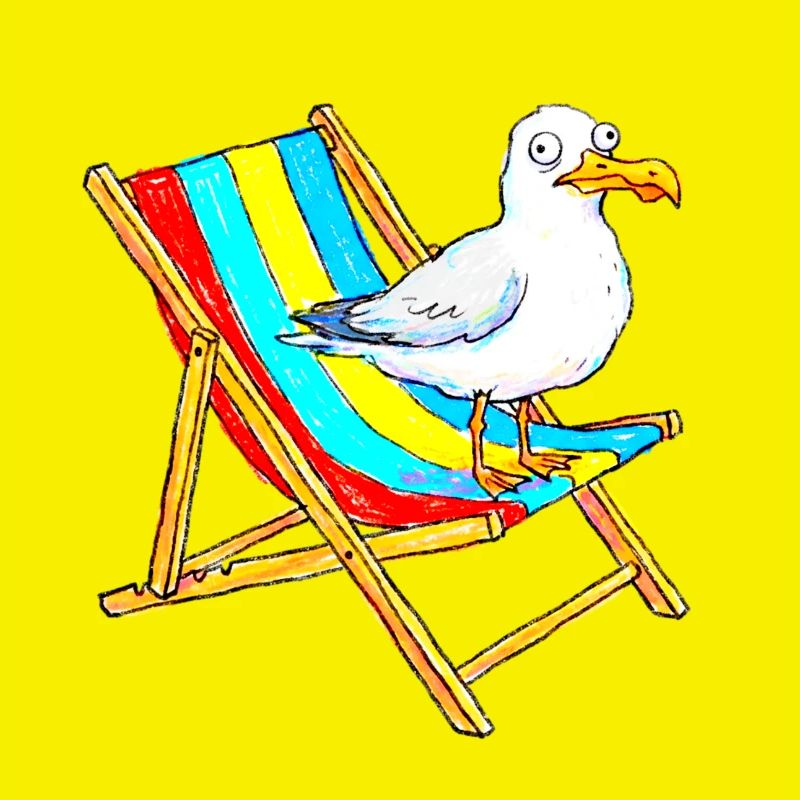 Seemöwe auf buntem Strandstuhl
