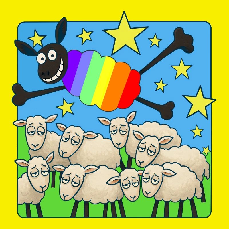 Regenbogenfaultier über schlafenden Schafen