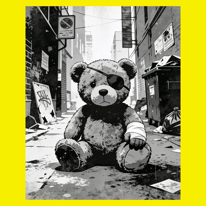 Ours en peluche avec cache-œil près de la route