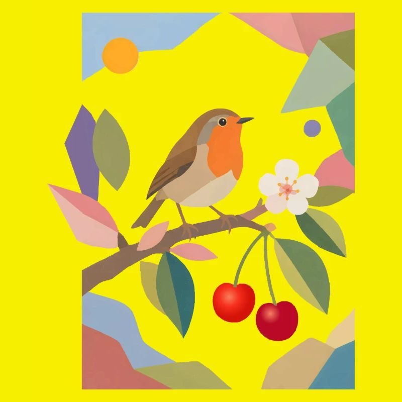 Robin Bird on Branch Cherry Design
