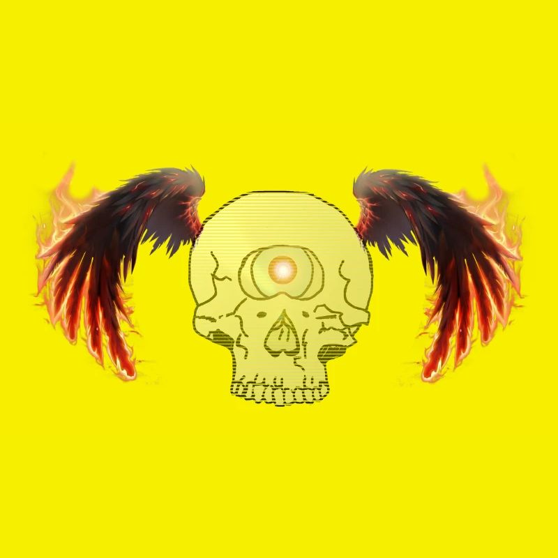 Winged skeleton in flames