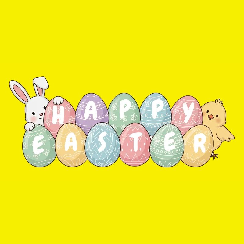 Cute Easter Bunny Chick and Eggs