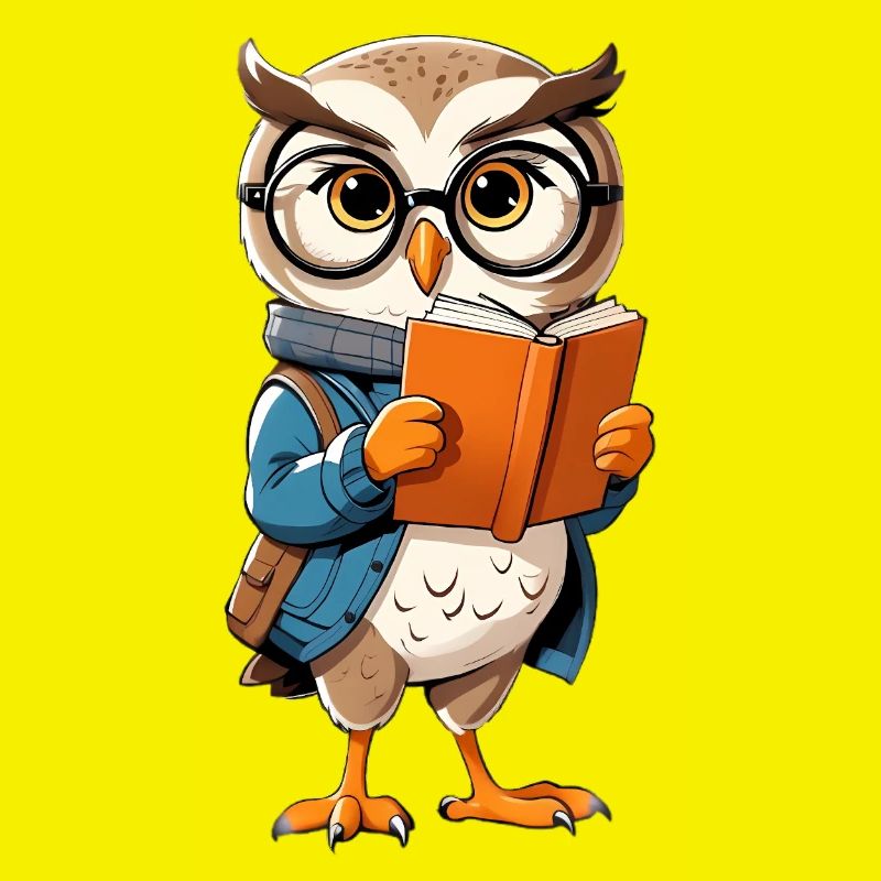 Lernende Eule mit Brille liest Buch