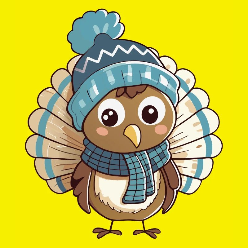 Dinde mignonne avec écharpe et chapeau à pompon.
