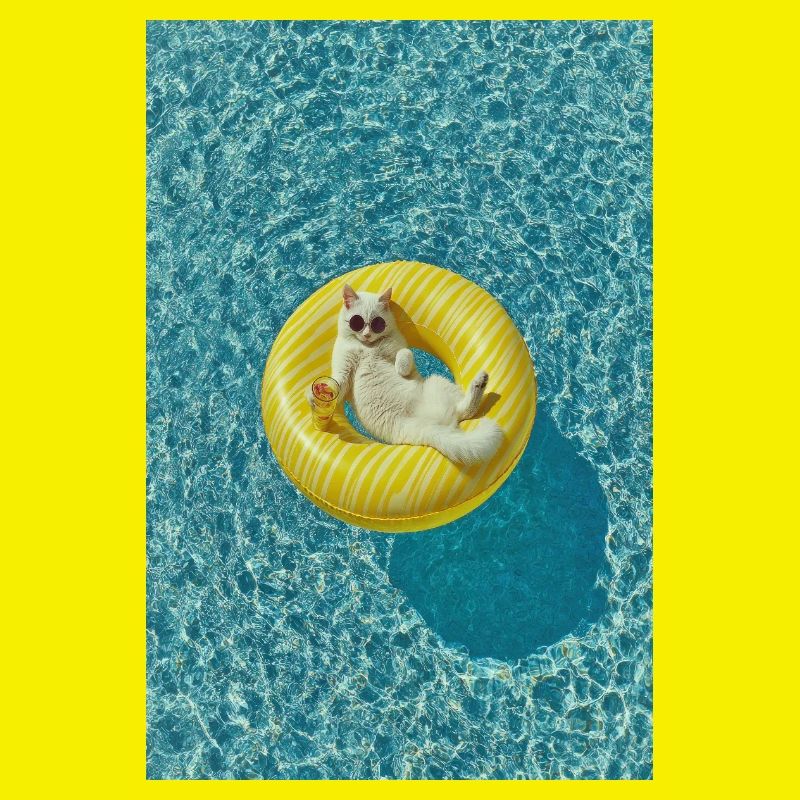 Sunlit Cat on Yellow Pool Float