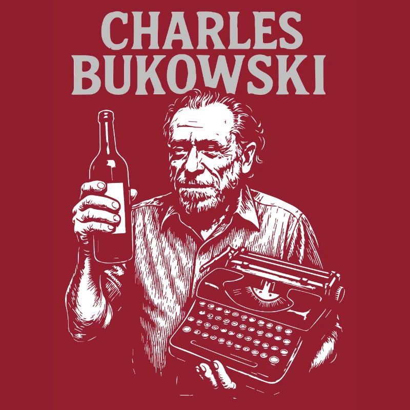 Charles Bukowski with wine and typewriter.