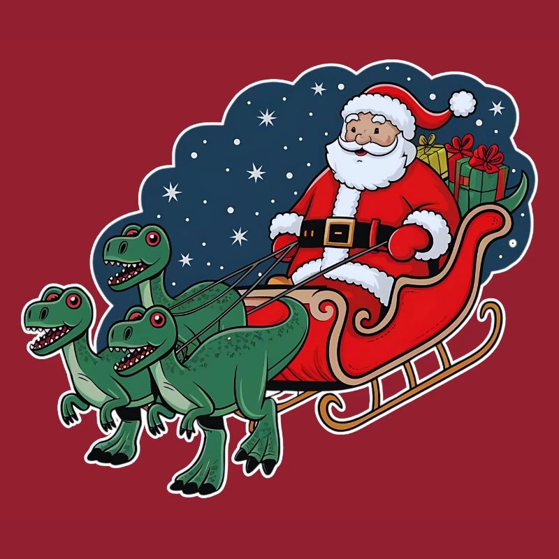 Santa Claus riding a sleigh pulled by dinosaurs