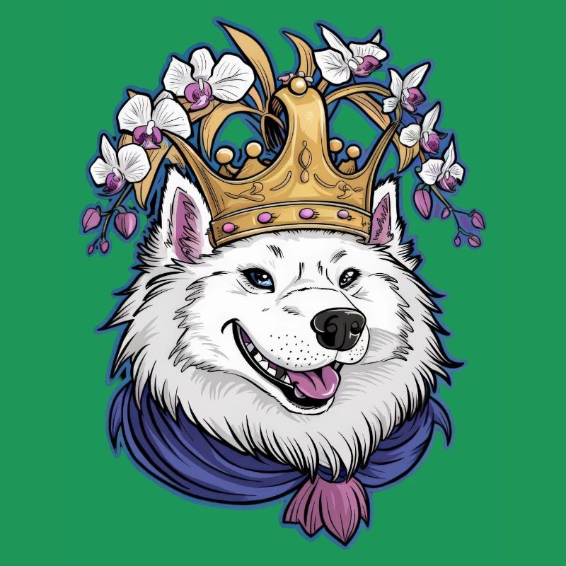 Dessin animé Spitz Samoyède avec orchidées et couronne