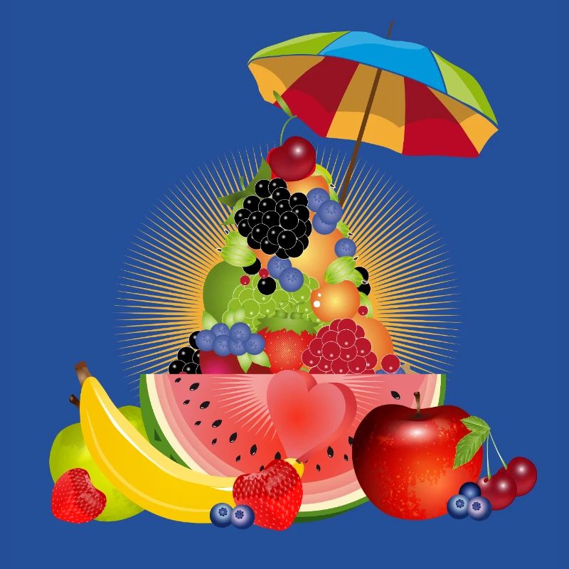 Pyramide de fruits colorée avec pastèque et parapluie