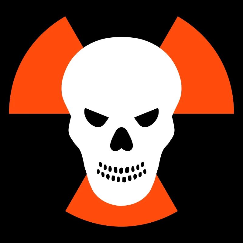 Schädel mit bösem Blick vor Strahlenwarnzeichen