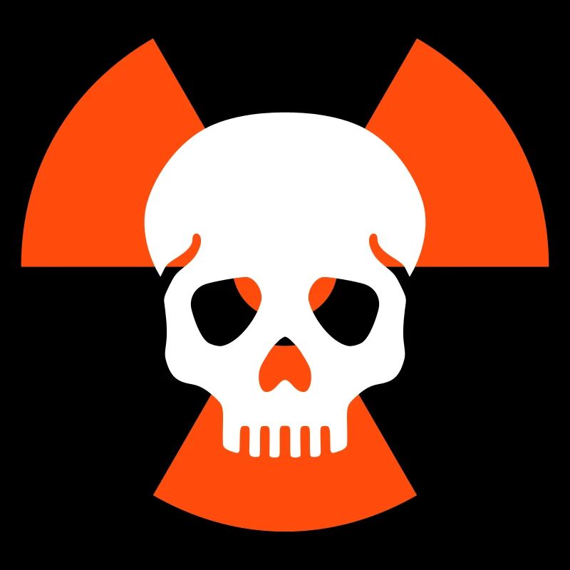 Schädel ohne Unterkiefer vor Strahlenwarnzeichen