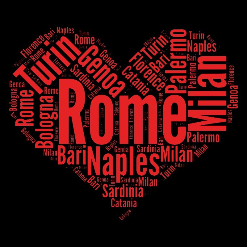 Italian cities typography heart-shaped layout map 