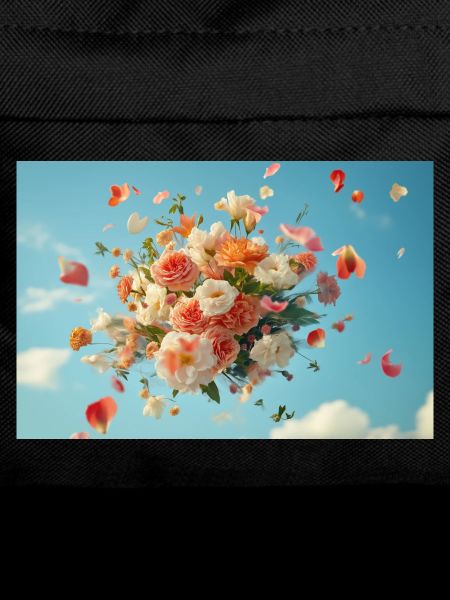 Schwebender Blumenkorb im Wolkenhimmel