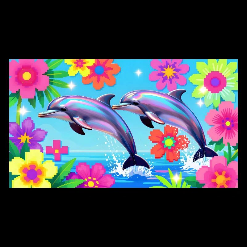 Neon-Delfin-Duo unter tropischen Blüten