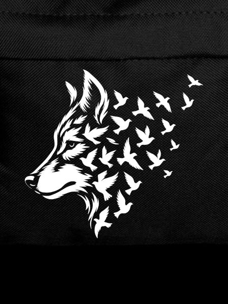 Stilisierter Wolf mit fliegenden Vögeln