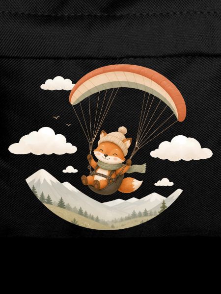 Cute fox with paraglider over mountains