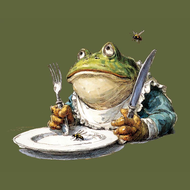 Grenouille à table avec des couverts