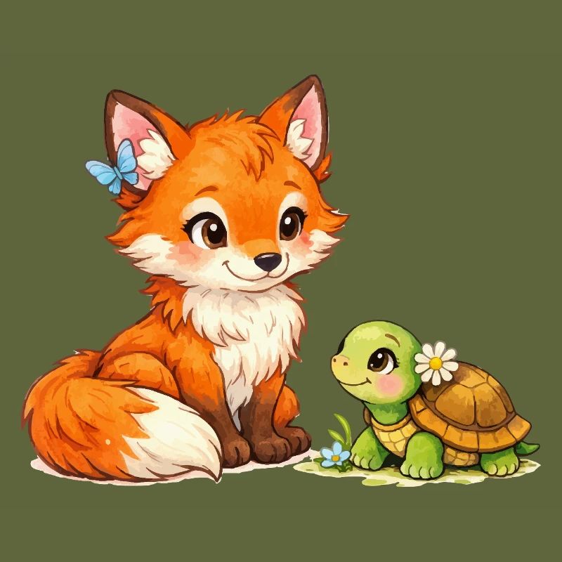 Fuchs und eine niedliche Schildkröte