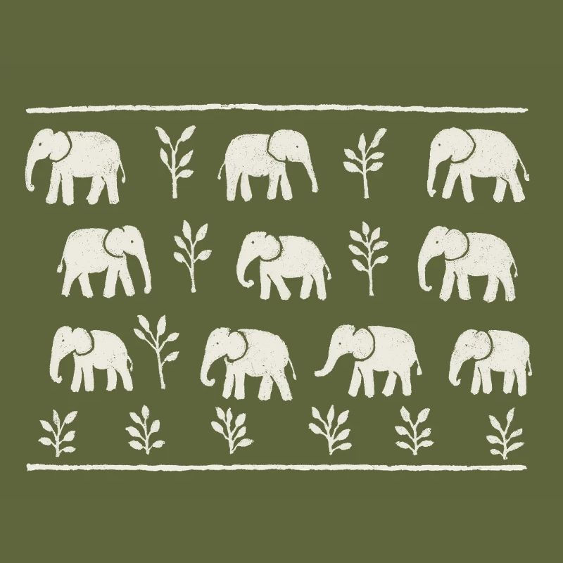 Éléphants et feuillages noir et blanc répétitif