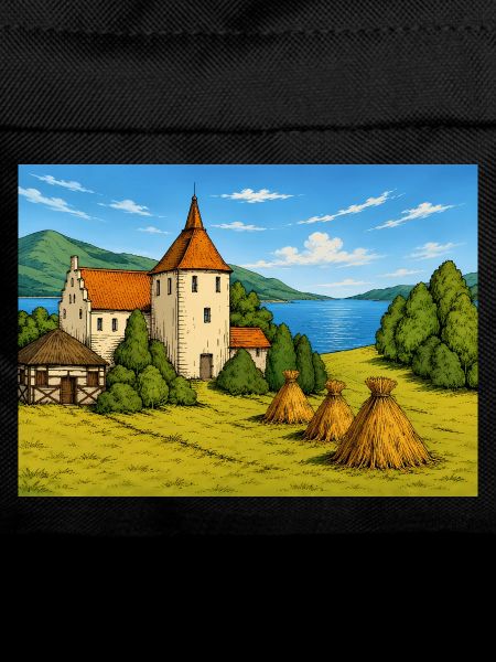 Medieval Castle by Lake and Haystacks
