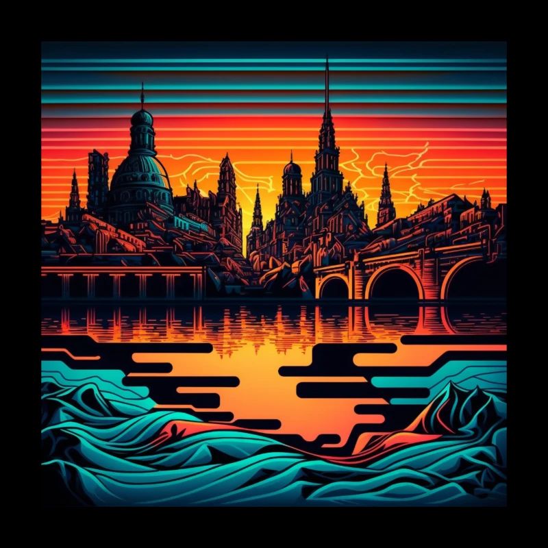 Skyline de Dresde dans la lumière du soir Optique Vaporwave
