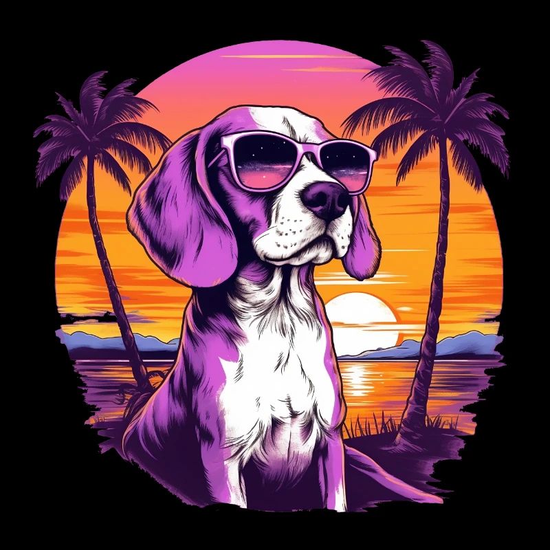 Beagle avec des lunettes de soleil sur la plage rétro