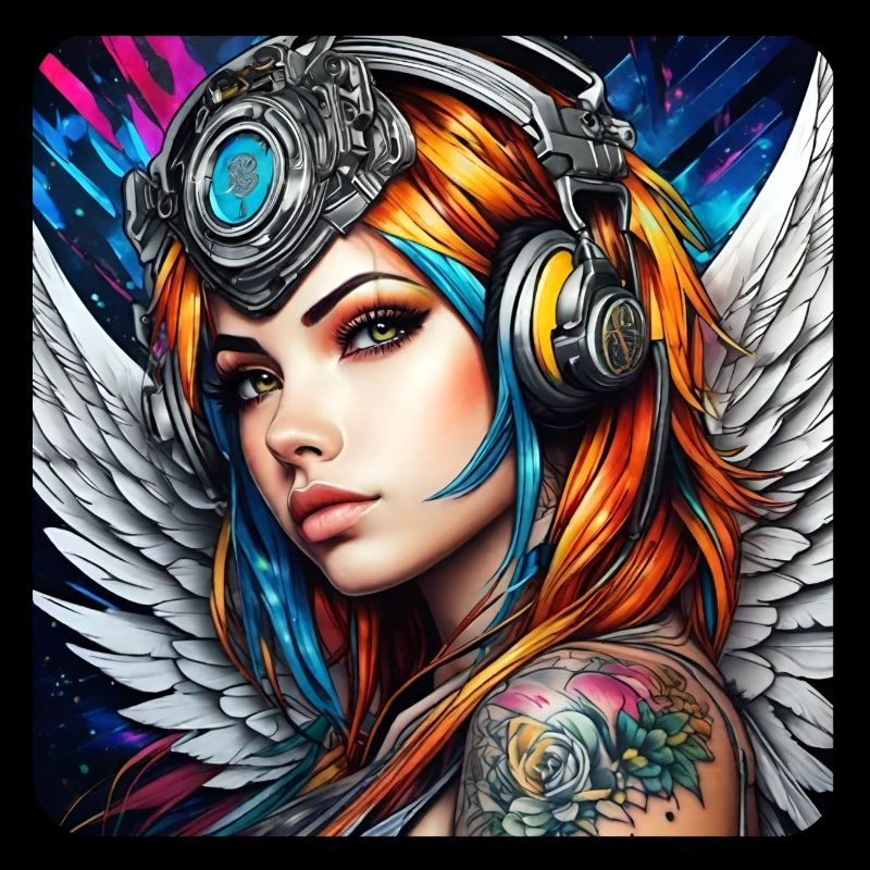 Cool cyberpunk angel with headphones