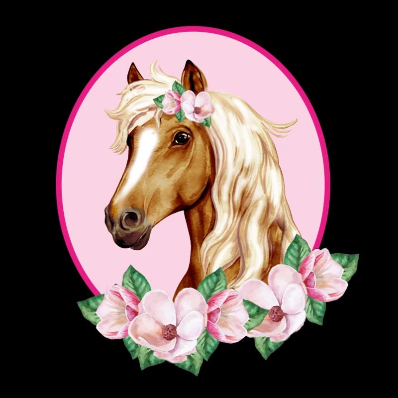 Cheval brun romantique - Fleurs roses