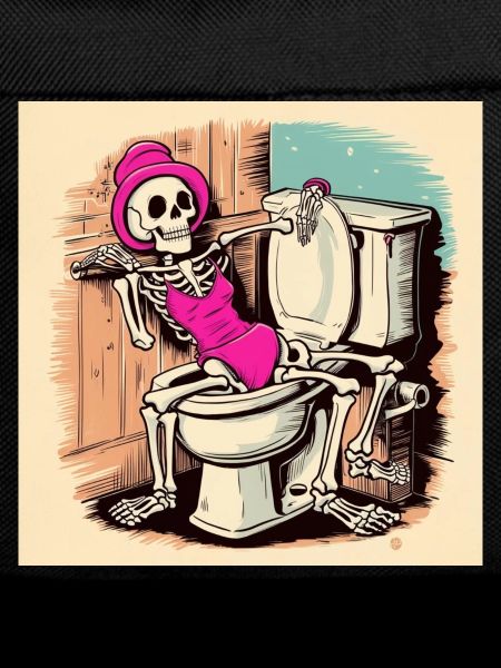 Skeleton in bathroom with swimsuit