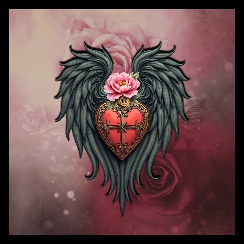 Herzschild mit Flügeln und rosa Blume