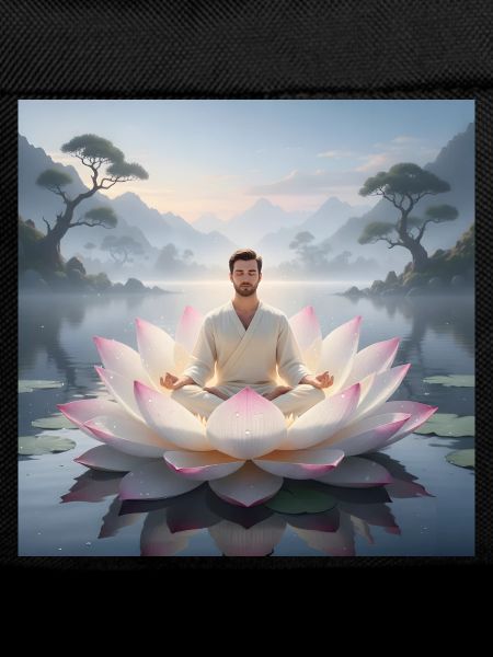 Man meditating on open lotus flower