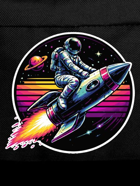 Astronaut on rocket in retro sunset
