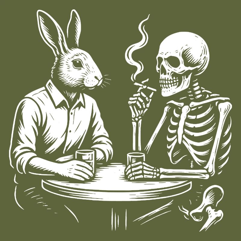 Rabbit and Skeleton drinking beer at the Table