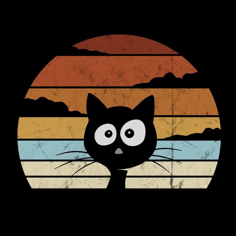 Funky rétro style coucher de soleil drôle chat noir