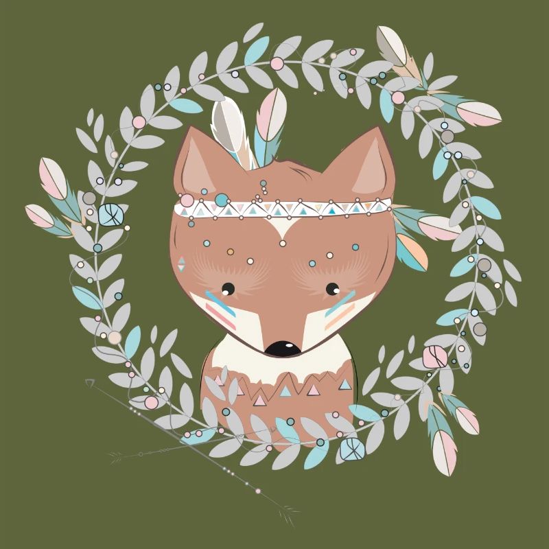 small fox with feather decoration in ethno frame