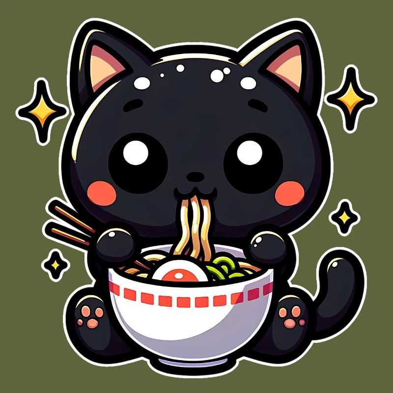 Black Cat Eats Ramen Noodle Soup Stars