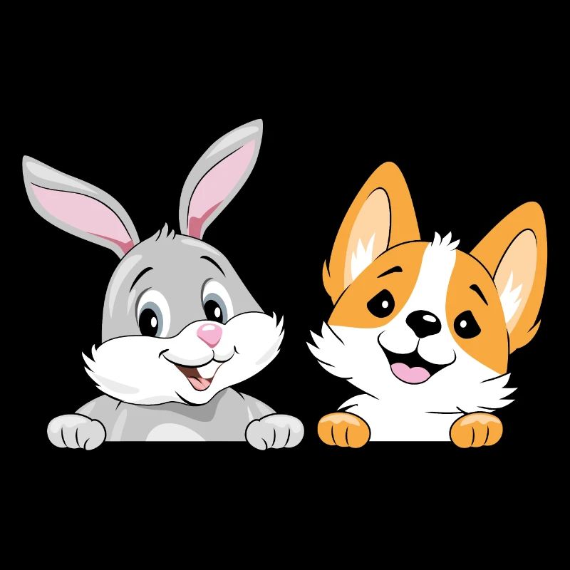 Peeking smiling rabbit and corgi dog