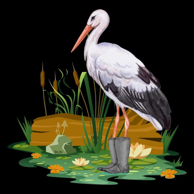 Cigogne en bottes en caoutchouc