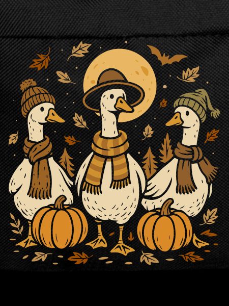 Autumn geese with pumpkins and hats