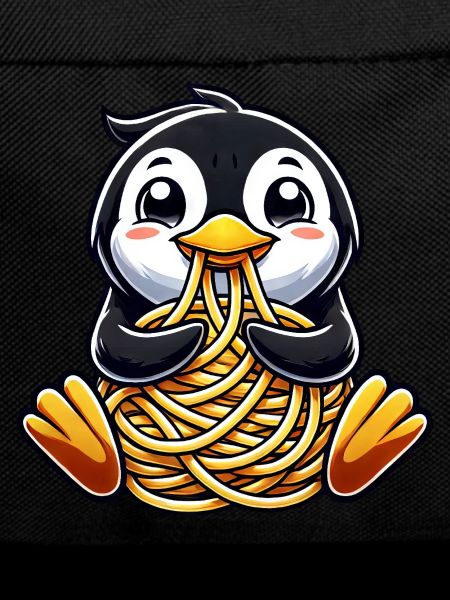 Clumsy penguin eats spaghetti