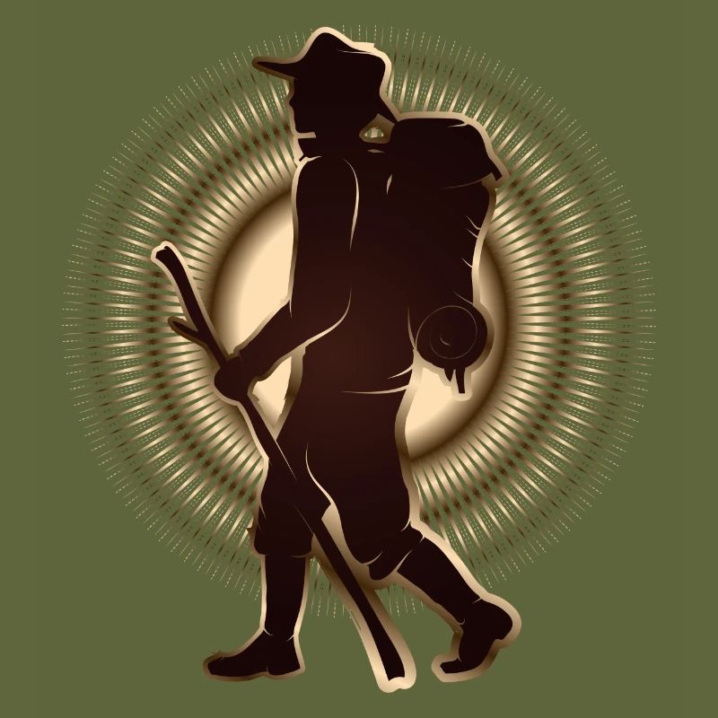 Pilgrim or hiker with walking stick & backpack