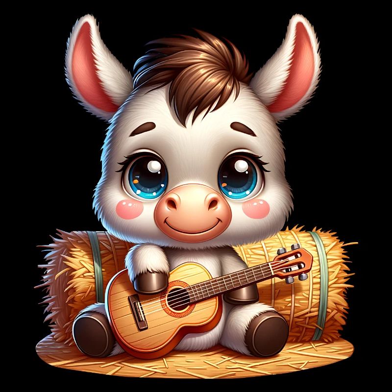 Cute donkey with guitar on straw bale