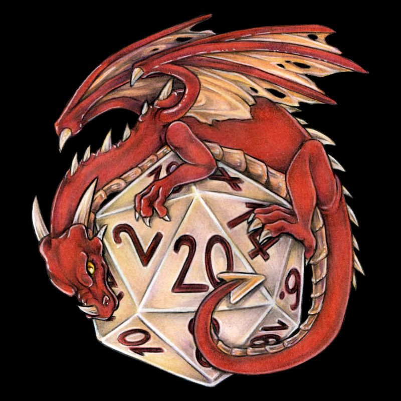 Drache Dragon mit D20 Würfel Dice Rollplay game