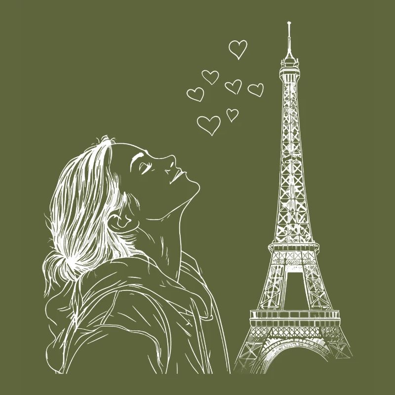Paris Eiffel Tower France Woman Hearts Line Art