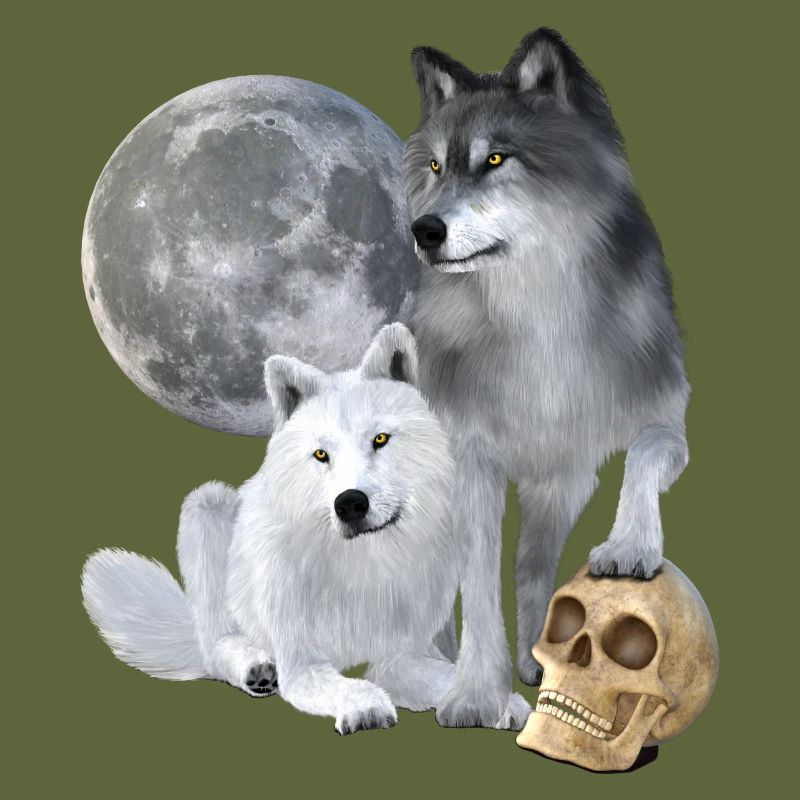 Wolves, white, grey, moon, skull
