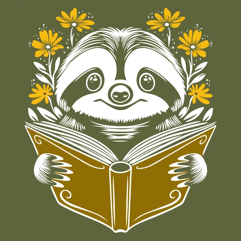 Faultier mit Buch und Blumen Bücher lesen