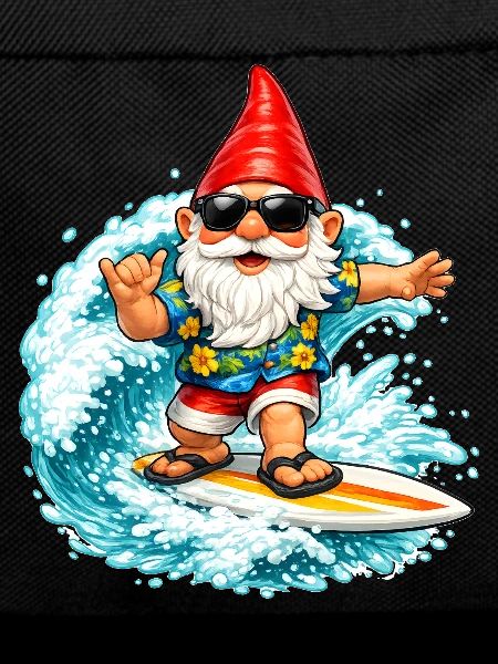 Surfing garden gnome on the wave